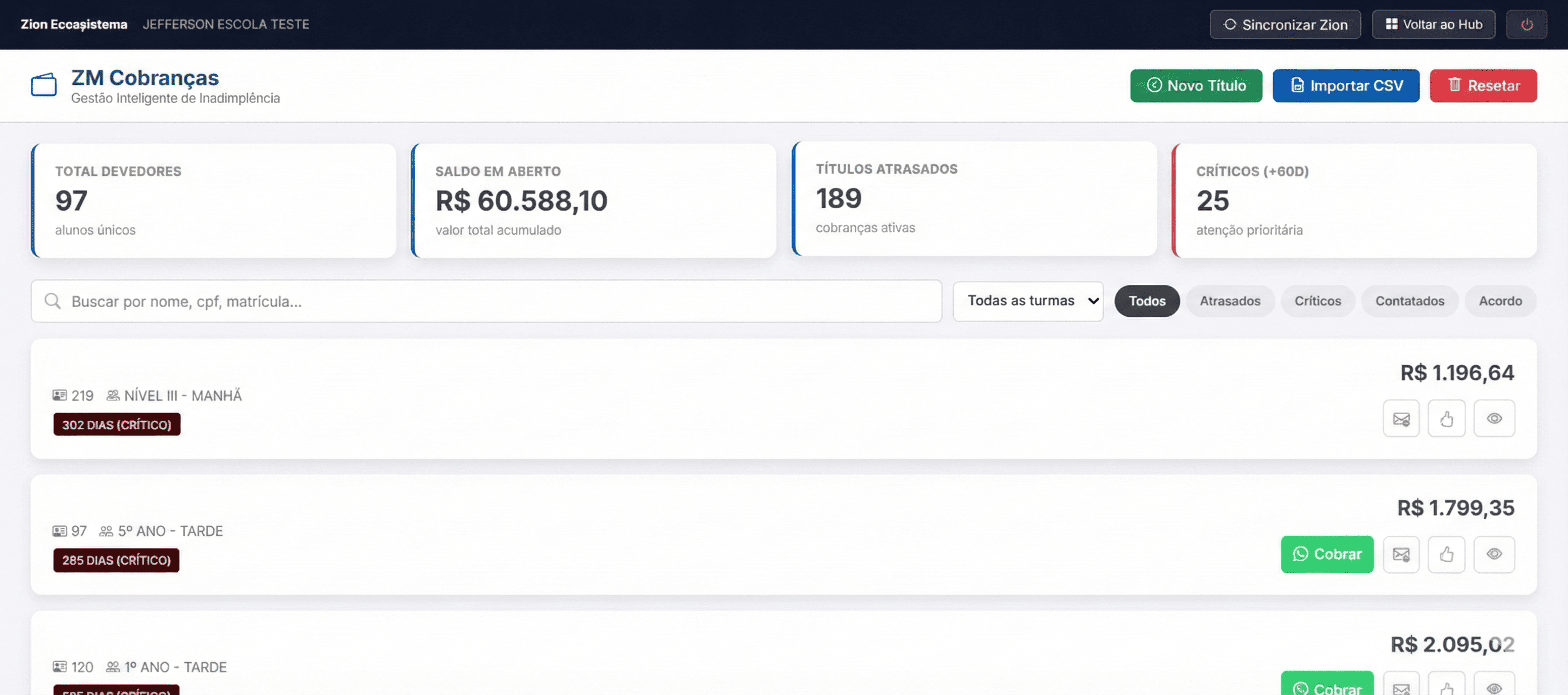 Interface Zion Alunos